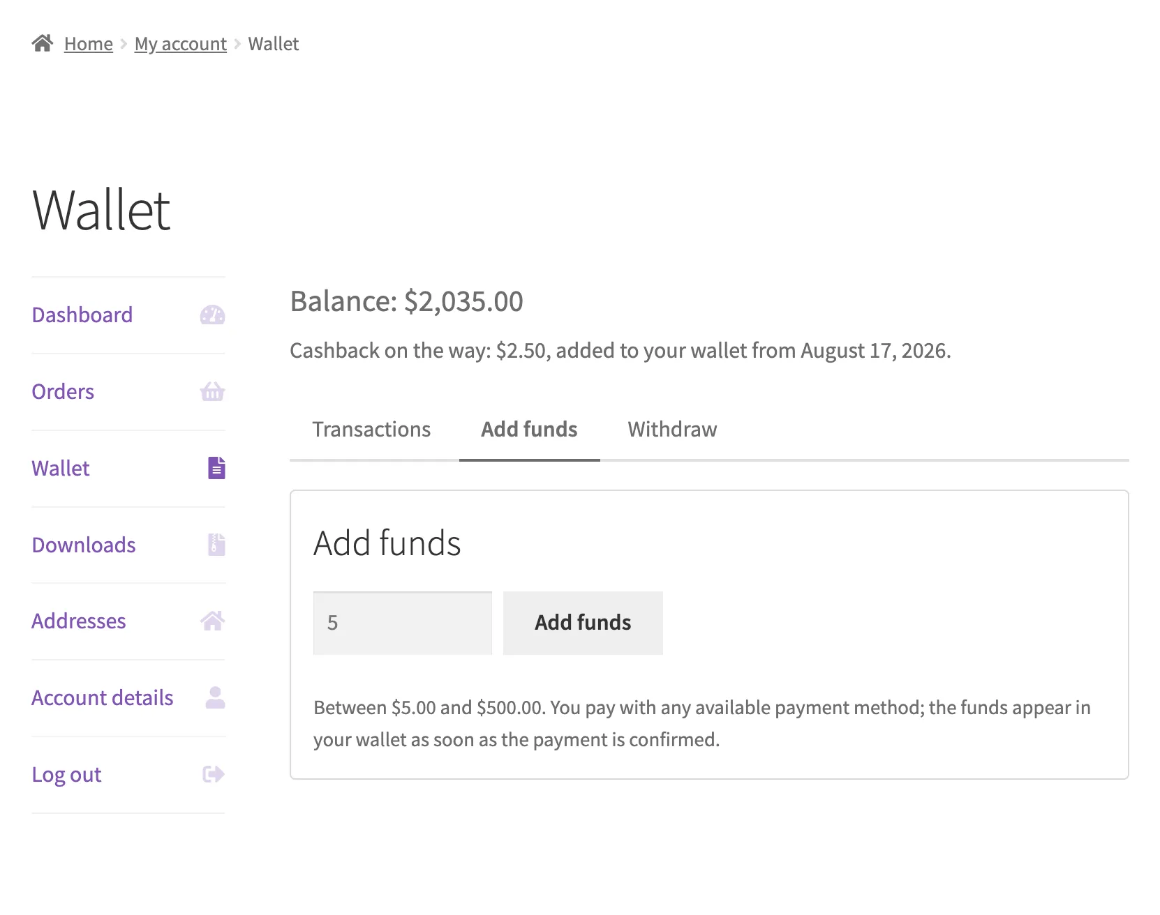 The Add funds tab on the customer wallet page, with the allowed range explained under the form